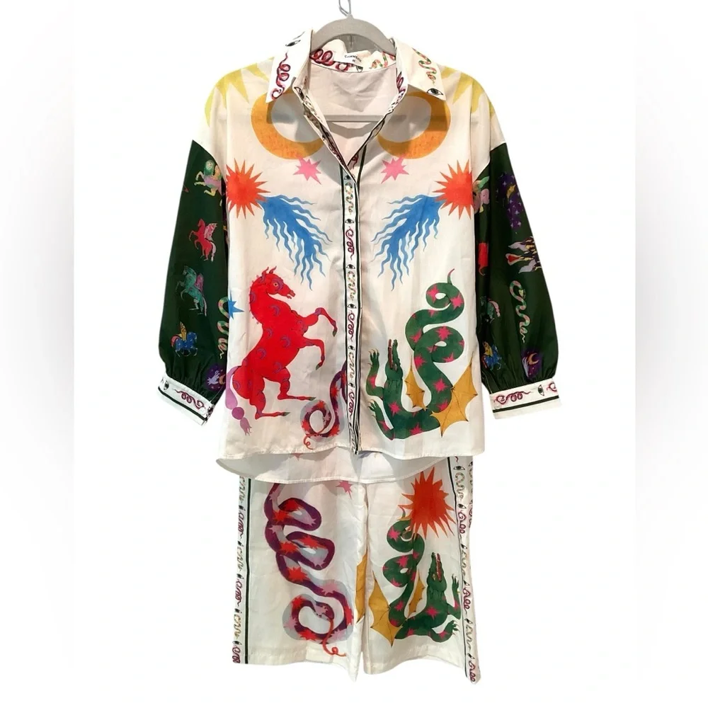Commense Celestial Zodiac Print Two Piece Set Shirt & Wide Leg Pants XS - Picture 7 of 13